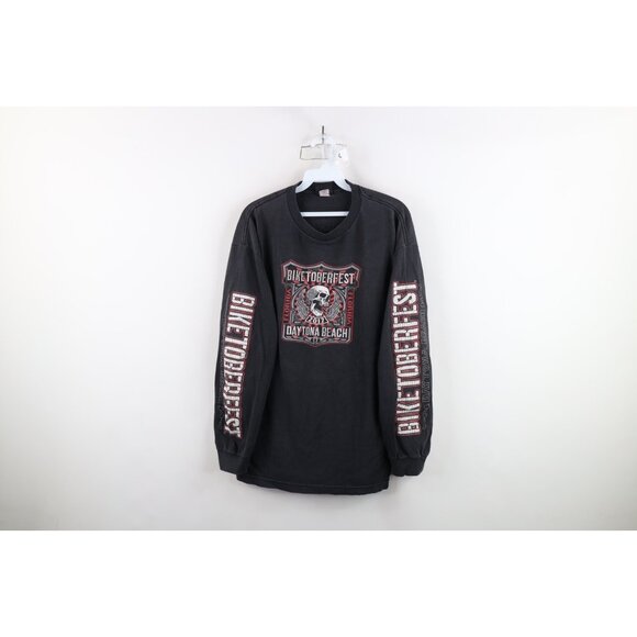 Vintage Y2K Mens L Faded Biketoberfest Skull Skeleton Long Sleeve T-Shirt Black